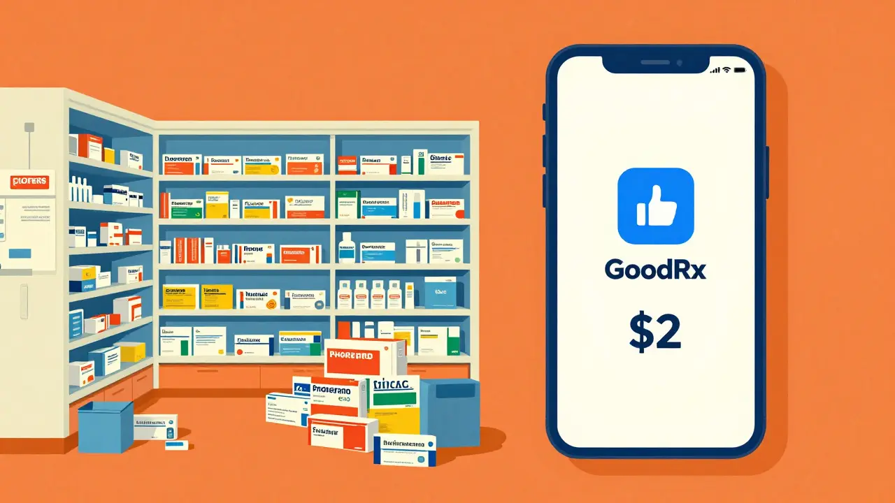 Split illustration comparing expensive retail drugs vs cheap generic coupons