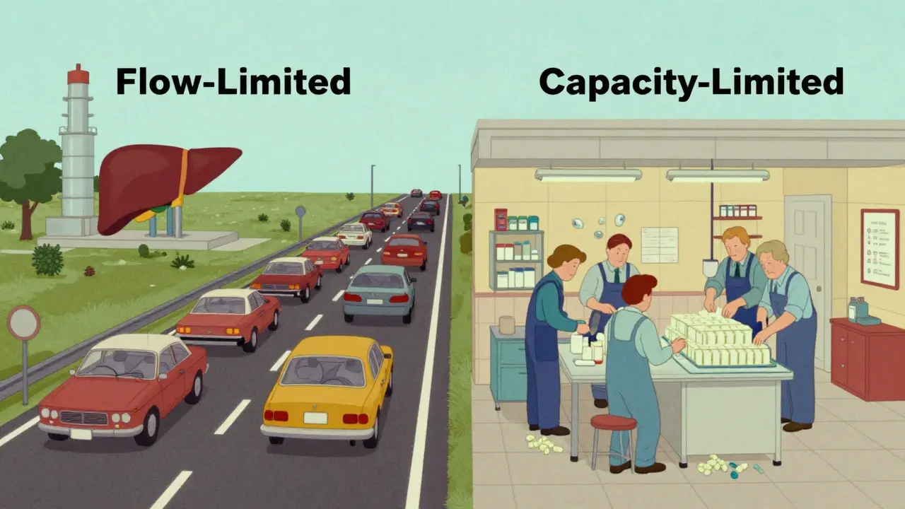 Stylized cartoon comparing flow-limited and capacity-limited drugs through traffic jams and workshop scenes, set within a Wes Anderson-inspired aesthetic featuring pastel tones and quirky details.