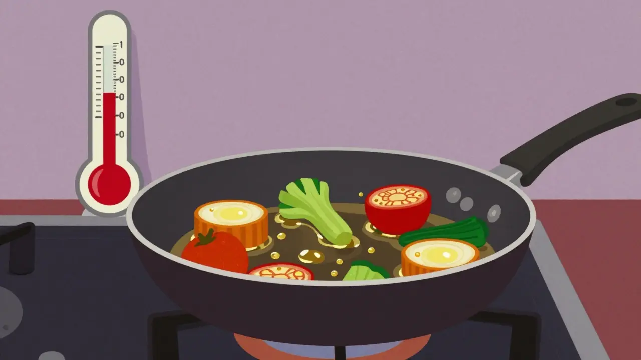 Stylized frying pan with circular oil droplets and vegetables, Wes Anderson aesthetic.