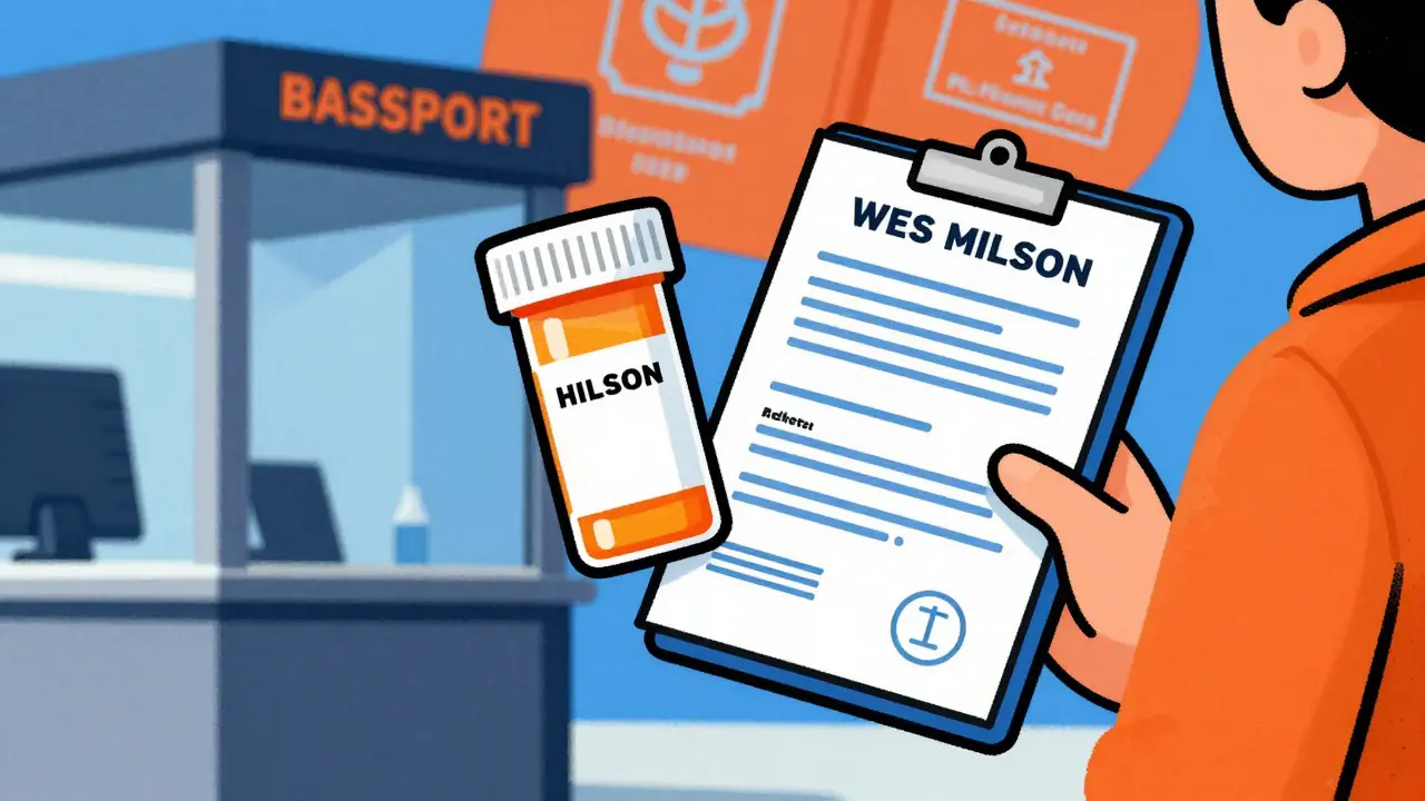 Traveler with labeled prescriptions at border control in Wes Wilson style