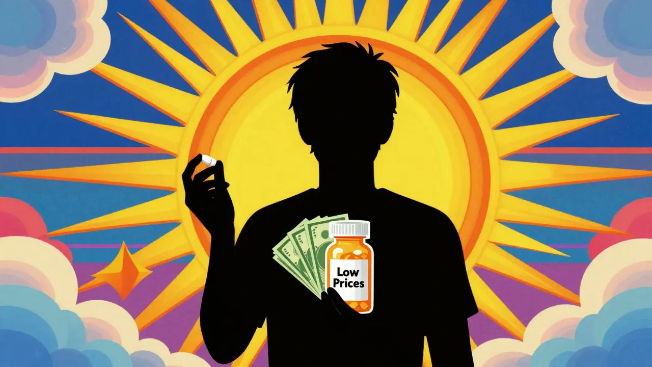 Vibrant cartoon showing money savings alongside medication bottle