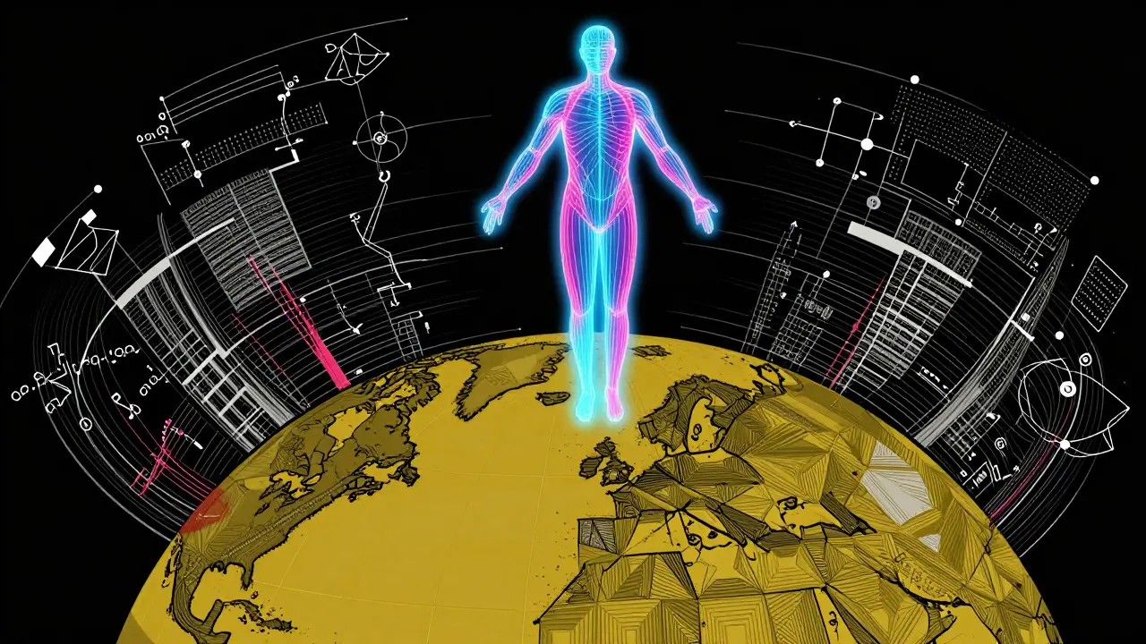 Abstract neon wireframe figure over globe representing virtual models