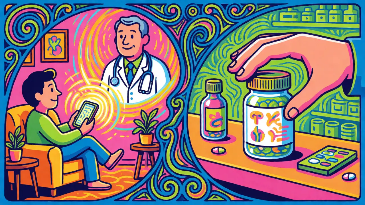Cartoon art depicting a telehealth video consultation linking to pharmacy pickup.