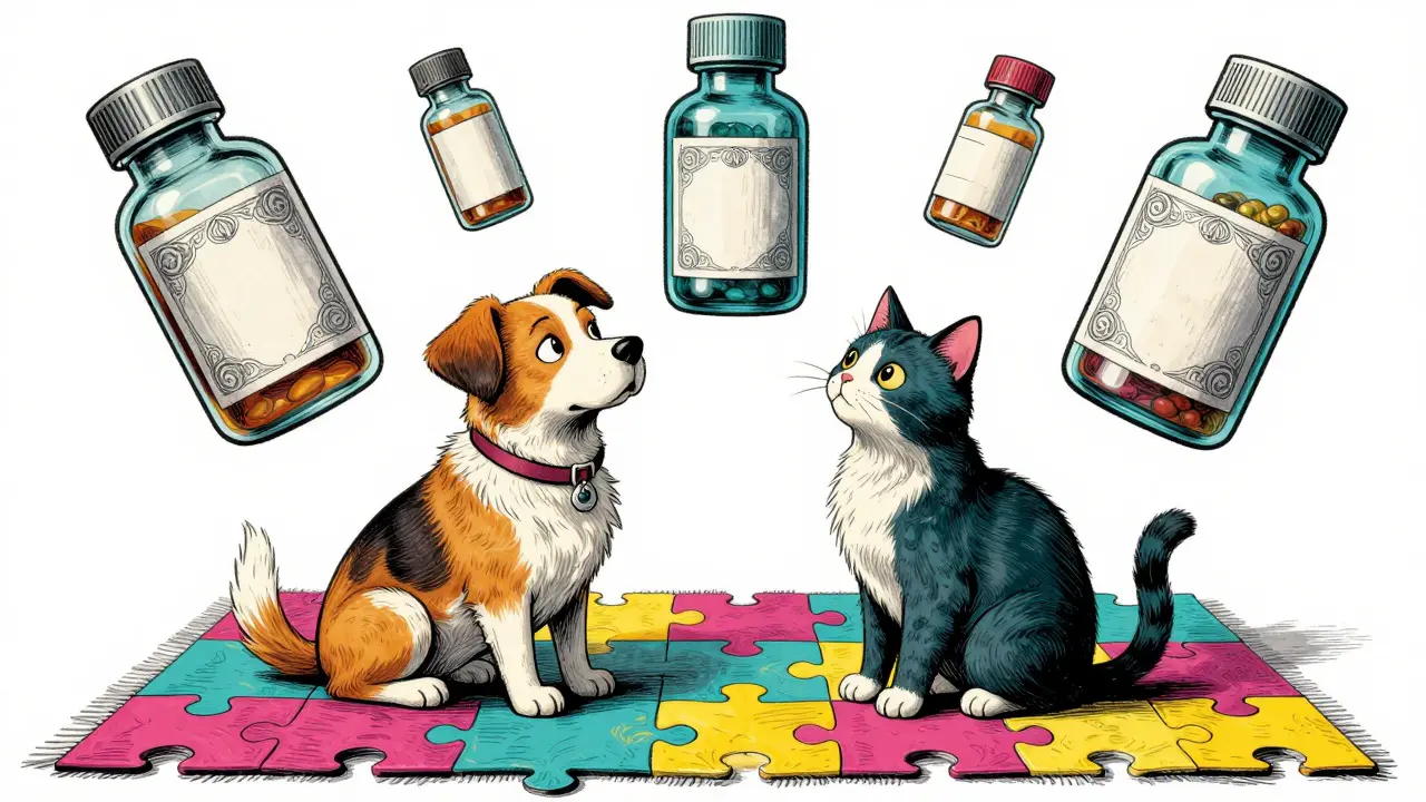Cartoon dog and cat looking at floating veterinary medicine bottles
