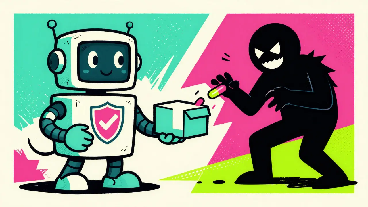Cartoon robot handing safe medicine vs shadowy scammer, Wes Wilson style