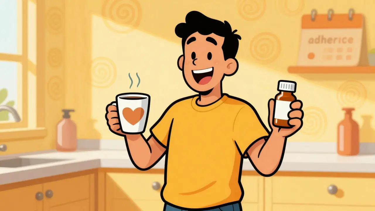 Cheerful person taking medication with morning coffee in a bright kitchen