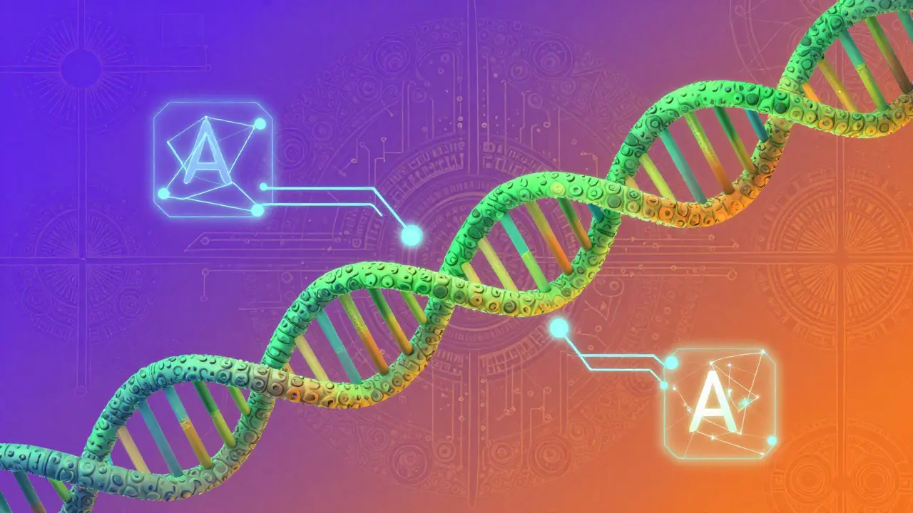 Colorful Wes Wilson art showing DNA and circuits merging, symbolizing AI in precision medicine.