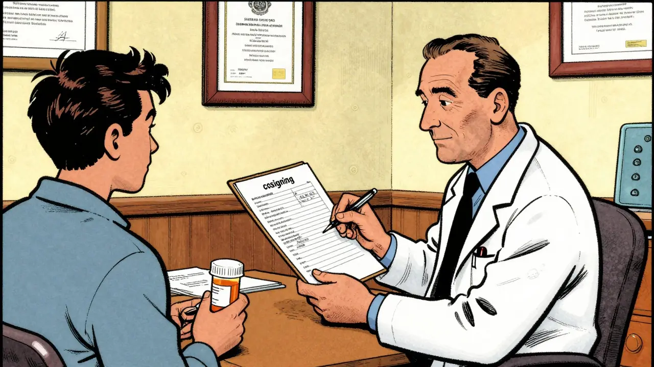 Doctor reviewing foreign medical records for cosigning