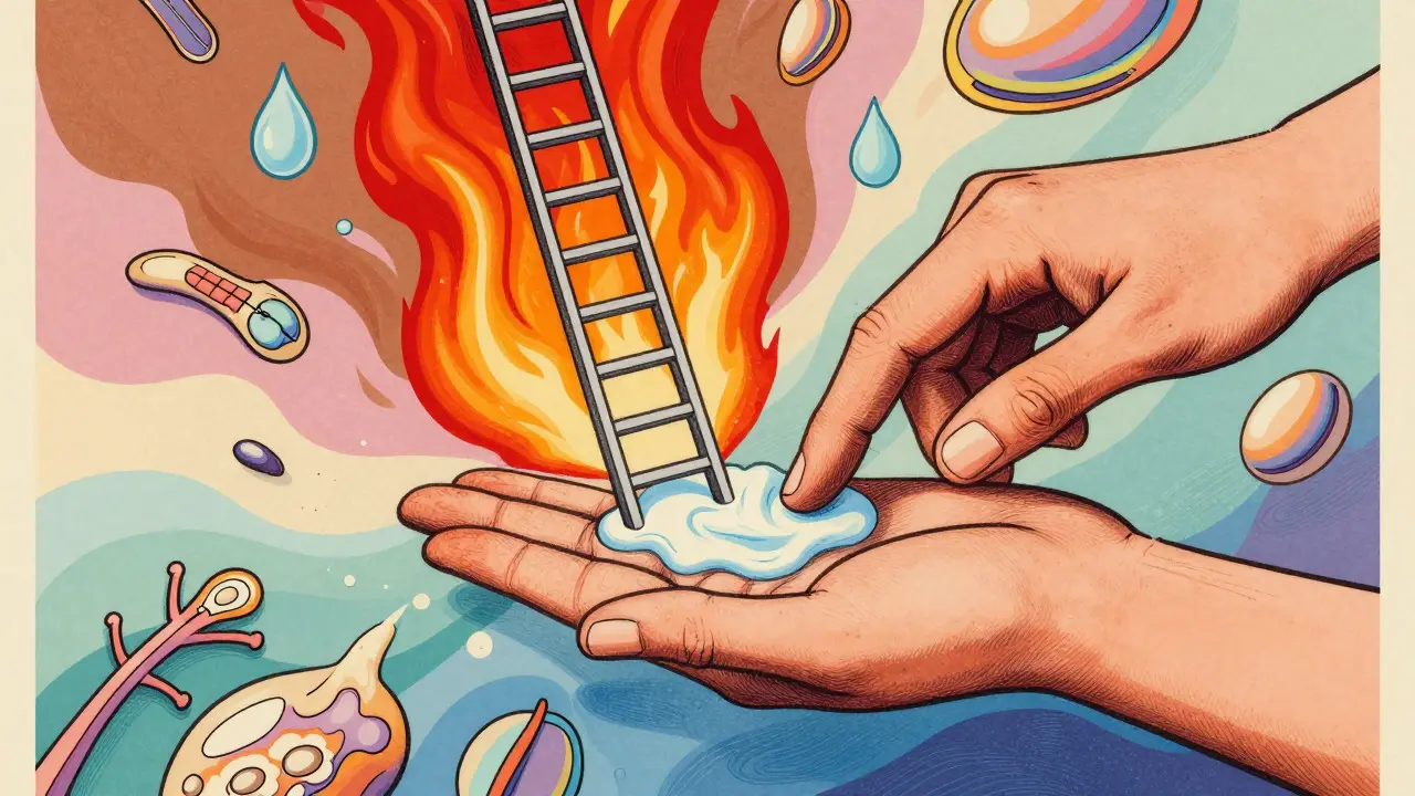 Hand applying cream with step-down strategy metaphor in Wes Wilson style