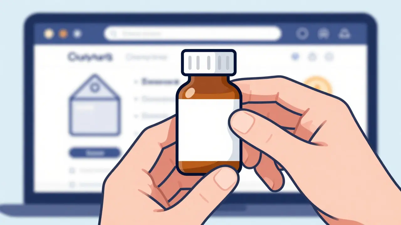 Hand holding a generic medication bottle near a delivery box