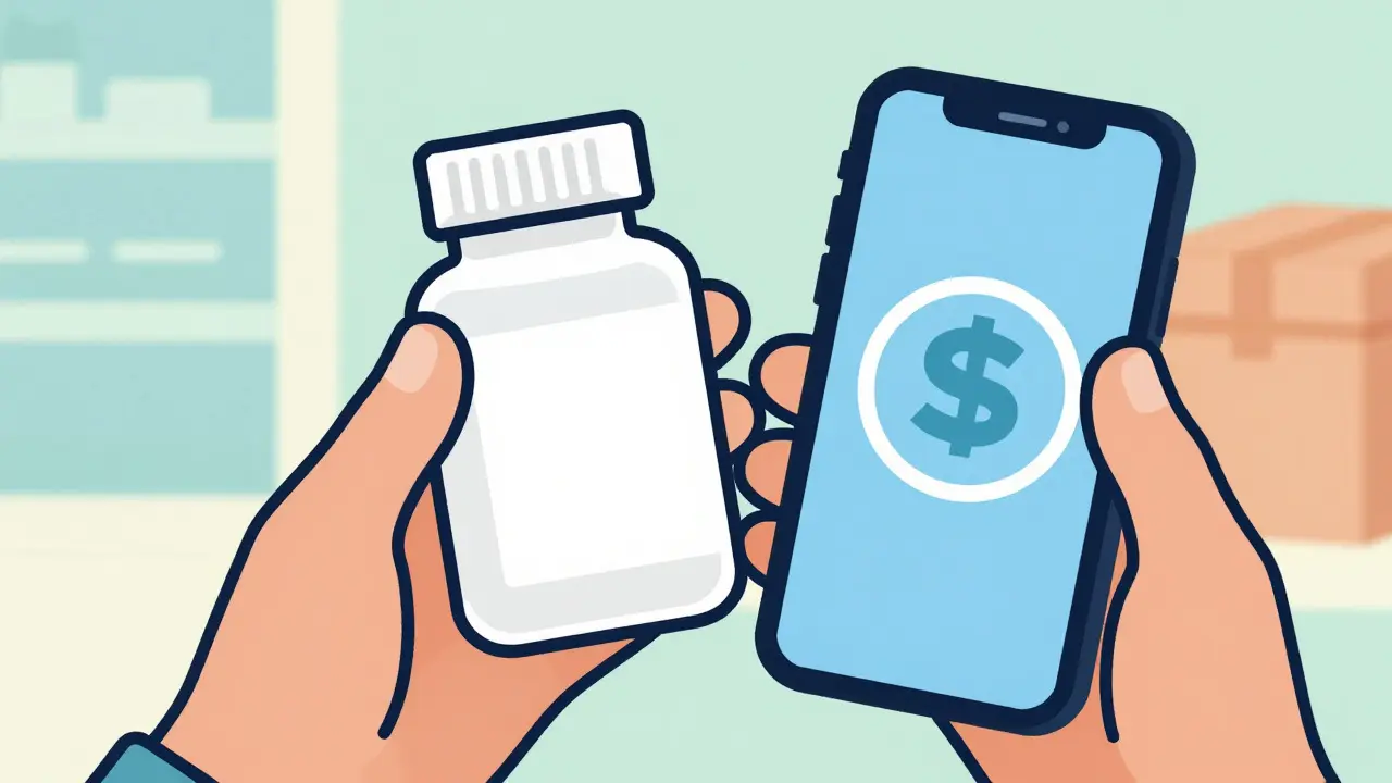 Hand holding a medicine bottle and phone with a discount icon in Wes Wilson style
