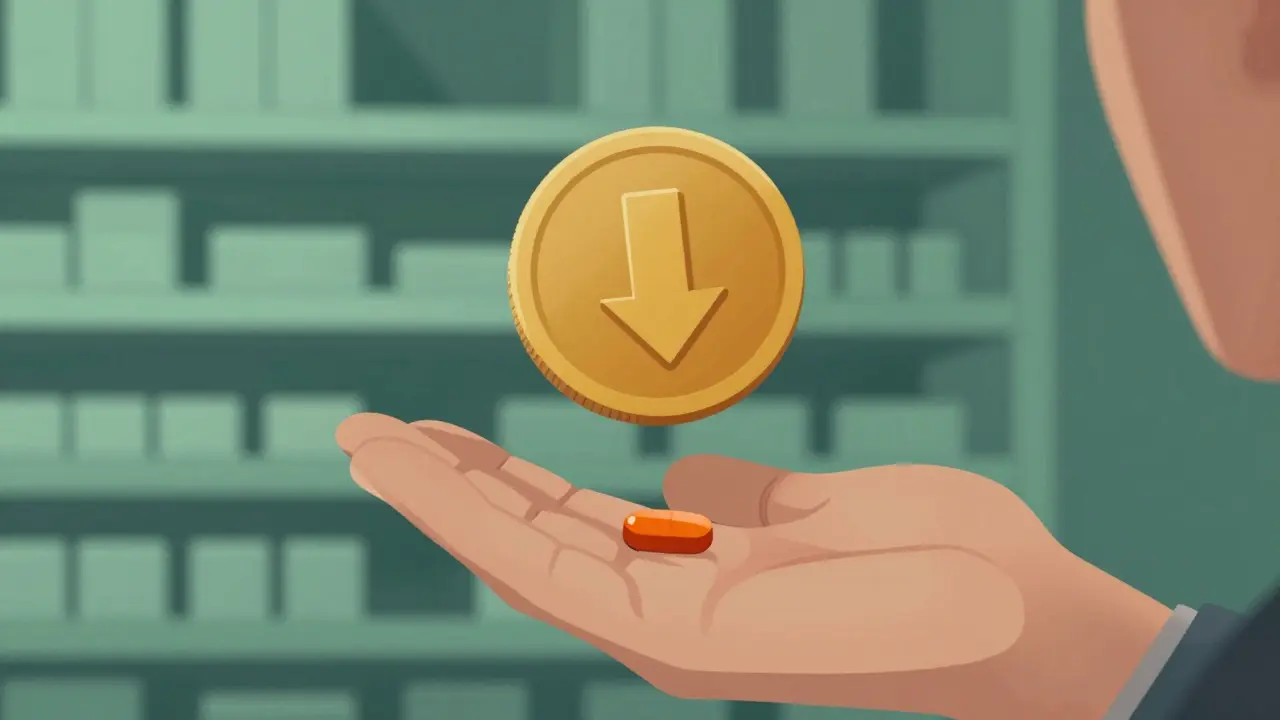 Hand holding a pill with a symbol for low cost and savings