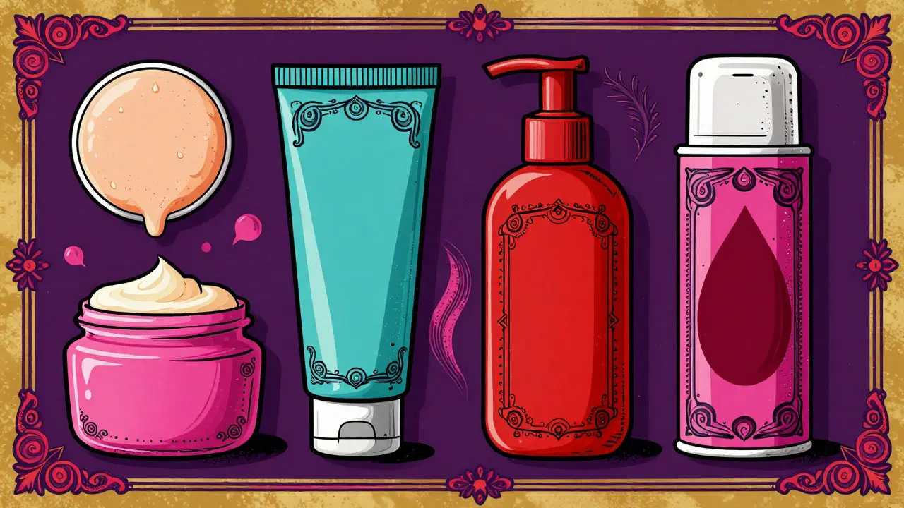 Illustration of ointments, creams, and foams with ornate psychedelic borders