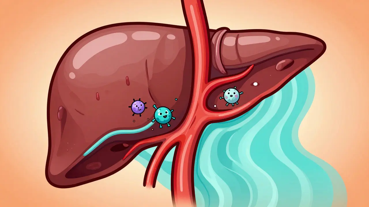 Illustration of relaxed blood vessels inside a liver showing improved flow