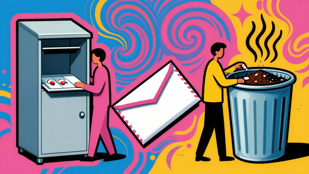 Illustration of three medication disposal methods: drop box, mail-back, and trash