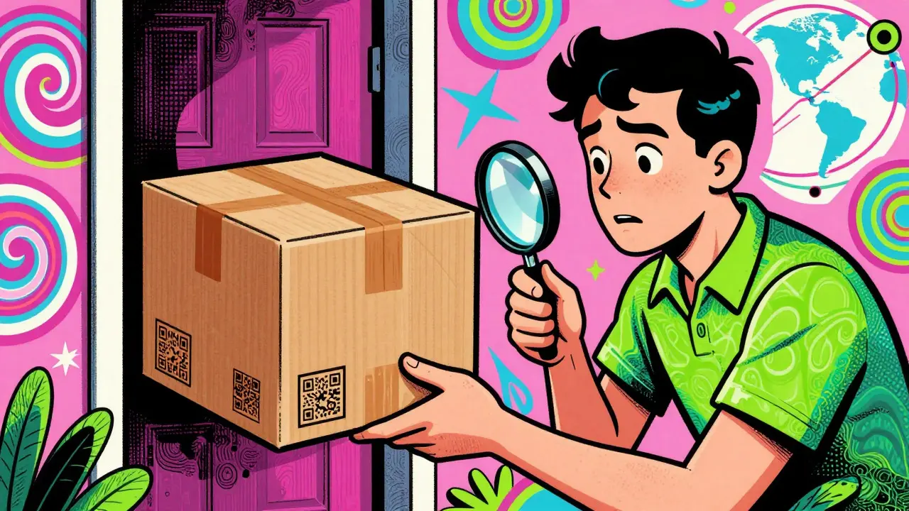 Inspecting authentic supplement package with magnifying glass