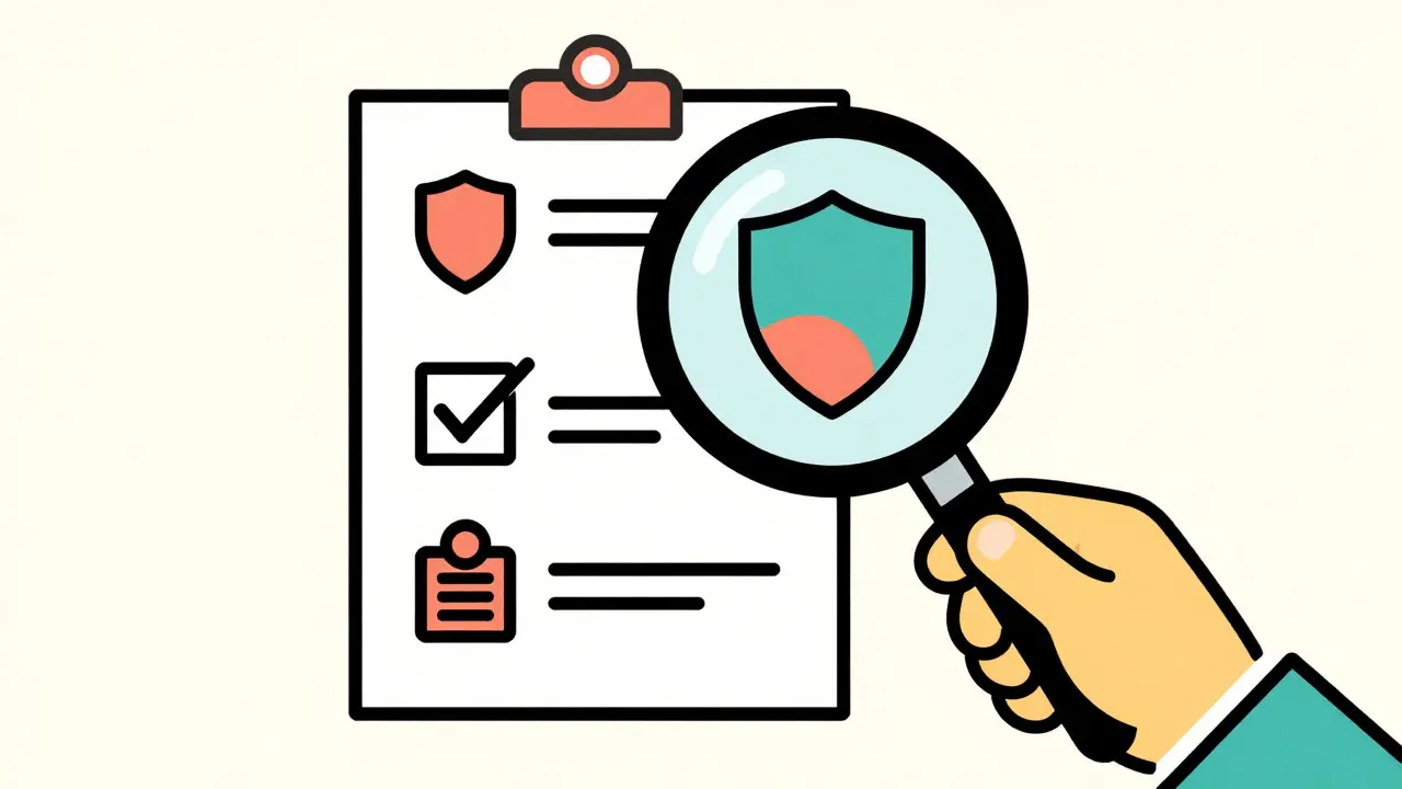 Magnifying glass inspecting safety badges for online pharmacy verification in Wes Wilson style