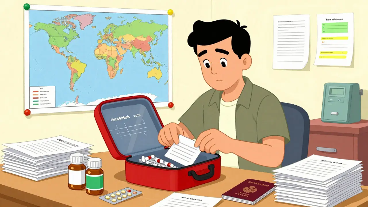 Person organizing medical documents and pills for travel