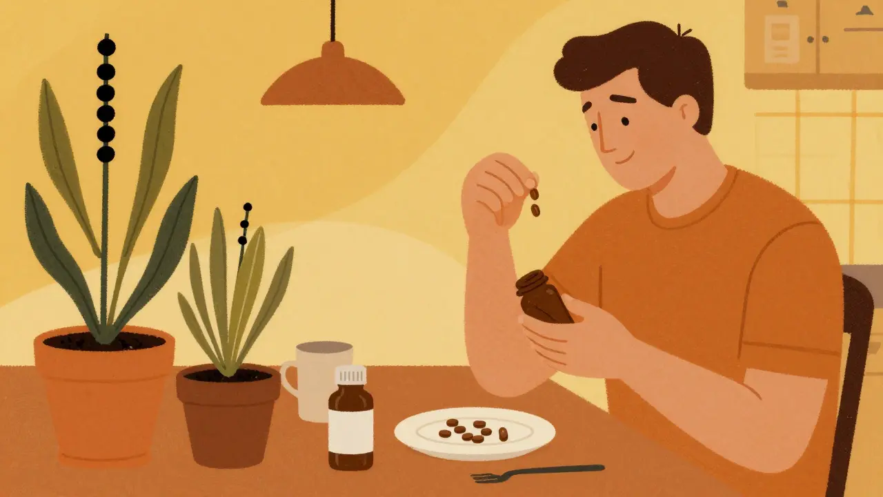Person taking herbal tablets after meal with pepper plants nearby