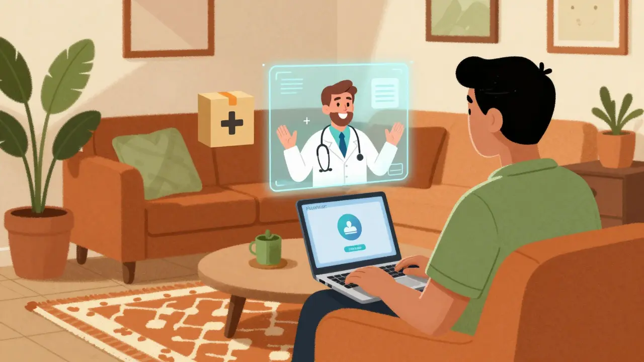 Person using laptop for virtual doctor visit with floating package, Wes Wilson