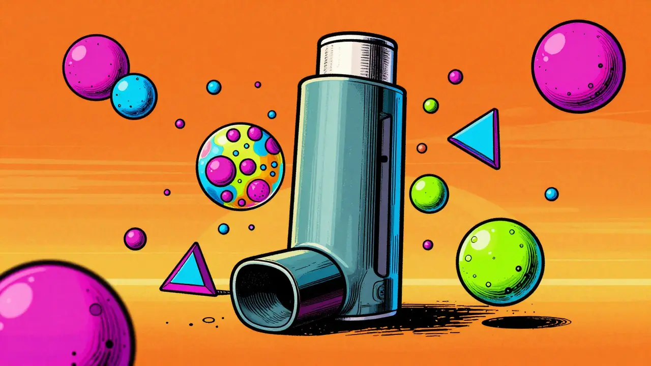 Retro-style art showing inhaler and microscopic drug particles