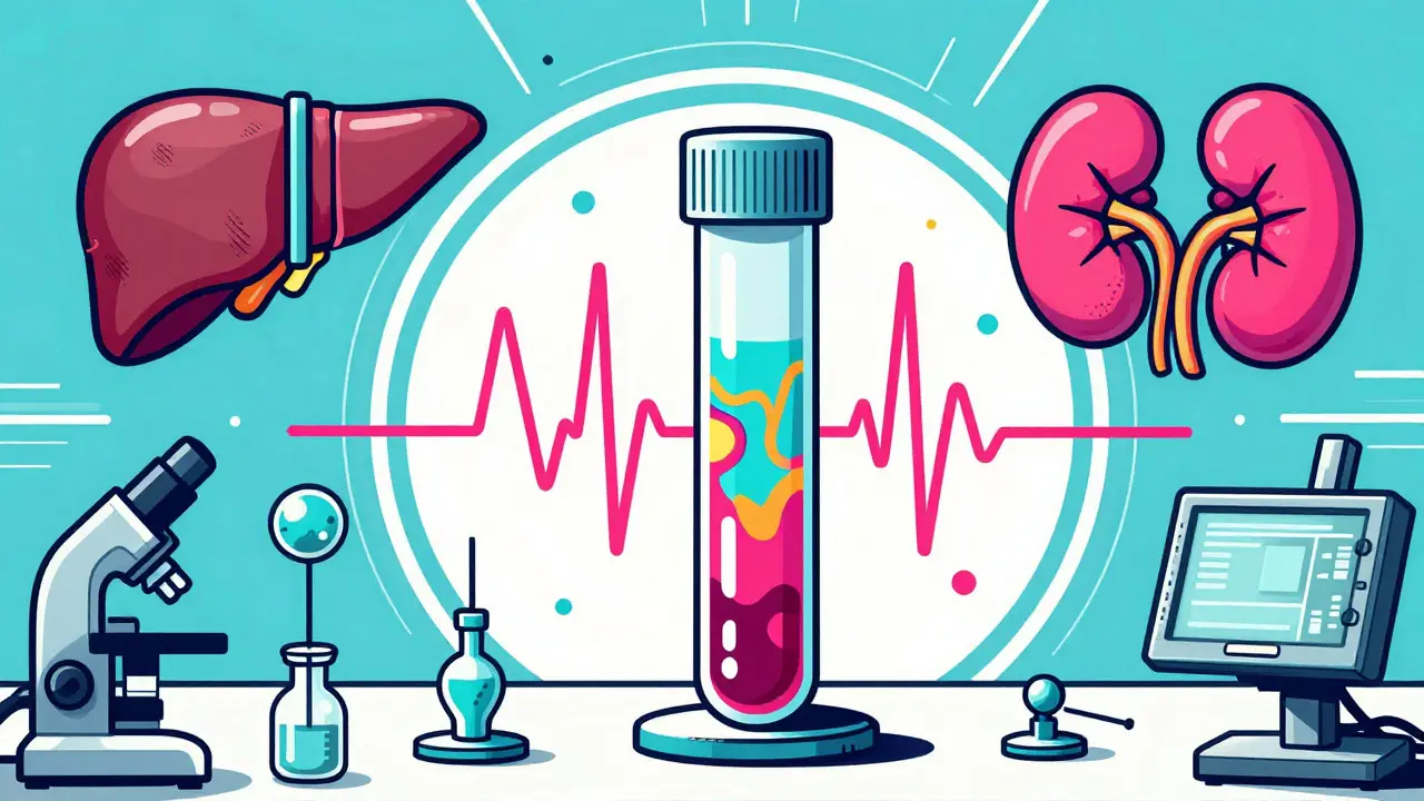 Retro-style illustration of a blood test tube with abstract organ icons, representing drug monitoring.