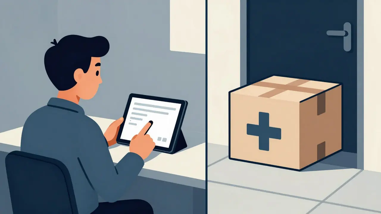 Split view of telehealth consultation and online medicine delivery