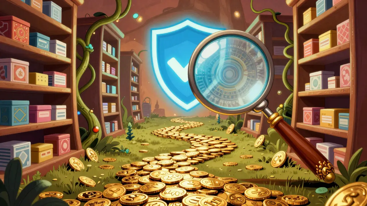 Surreal path of coins leading to a safety emblem among pharmacy shelves