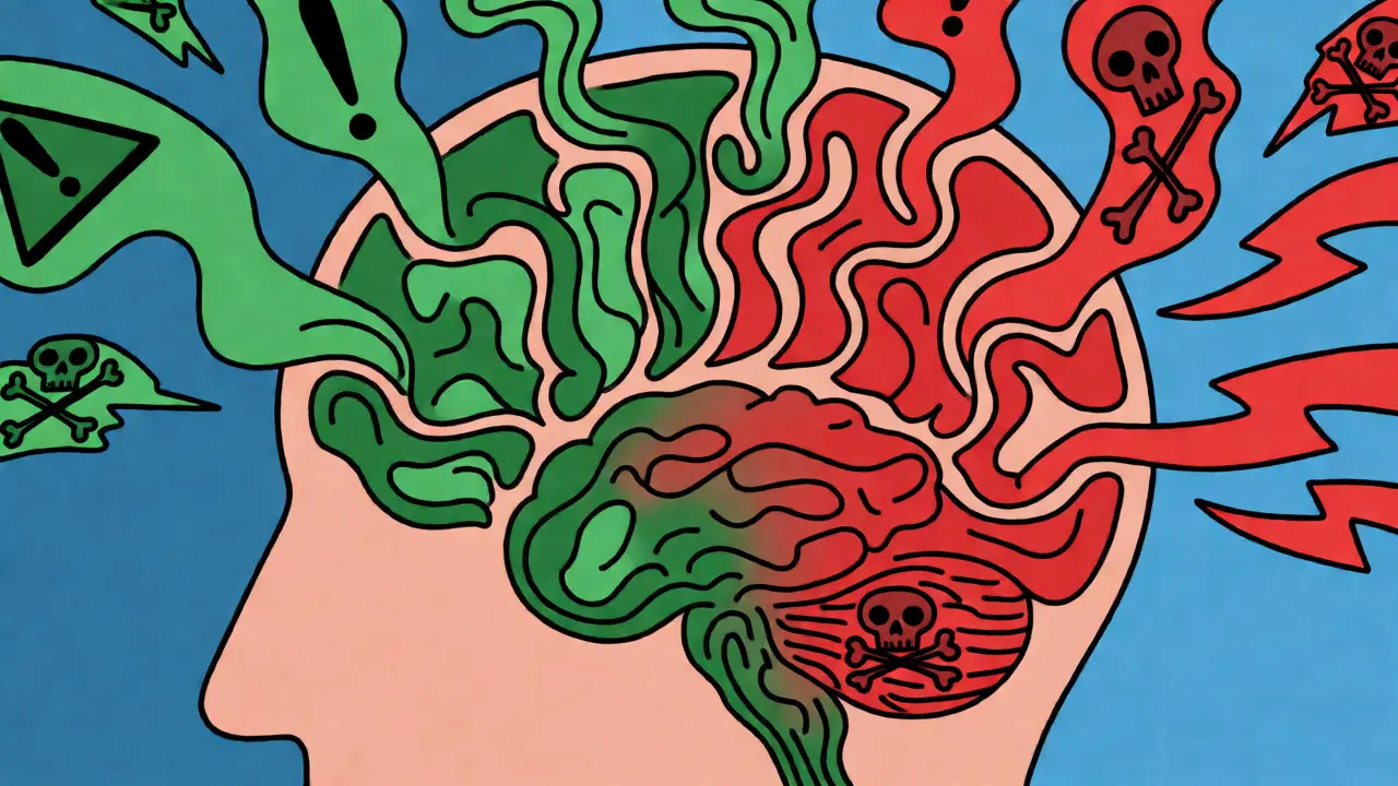 Abstract illustration of a brain filled with swirling anxious shapes