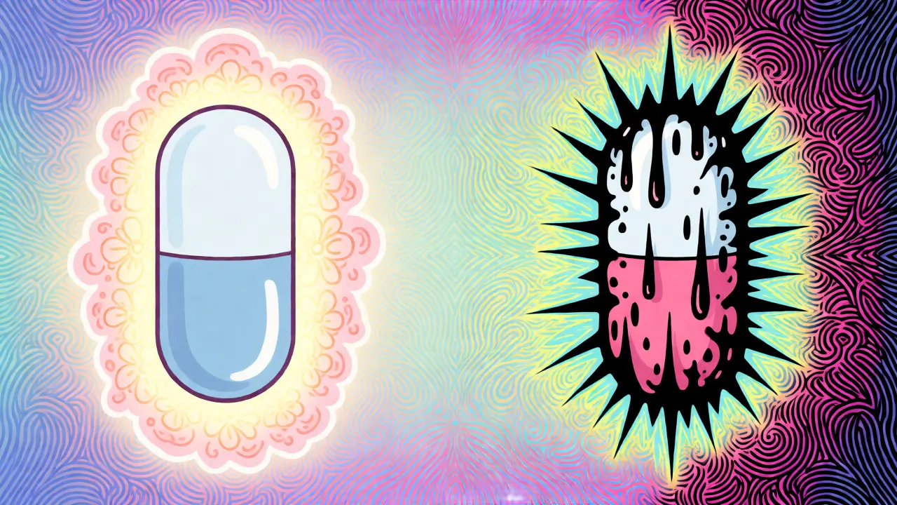 Two identical pills depicted with contrasting positive and negative visual effects